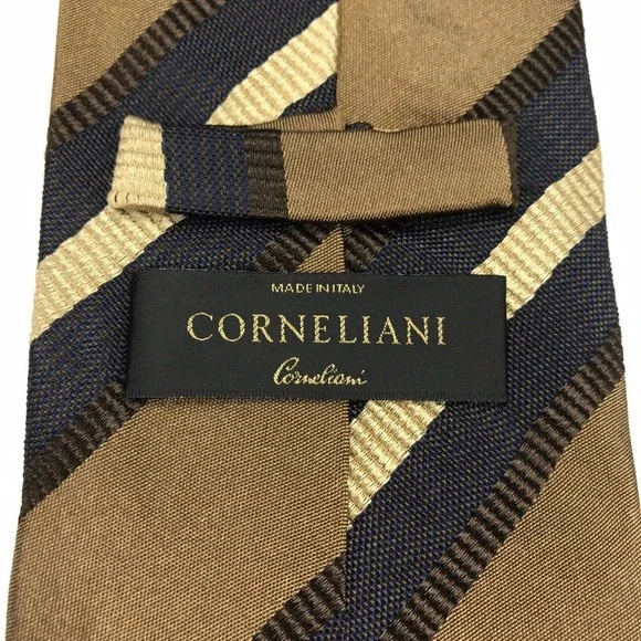 Corneliani Tie Brown Beige Navy Blue Striped 100% Silk Italian Necktie - Picture 6 of 11